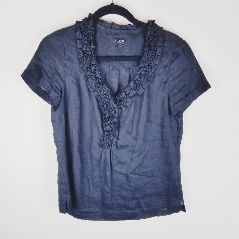 Talbots linen short sleeve ruffle career shirt 2